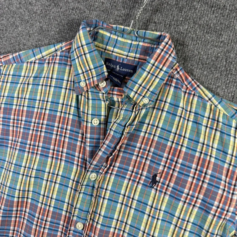 Ralph Lauren Plaid Button Down Boys Size M 12-14 Multi Color Short Sleeve Pony